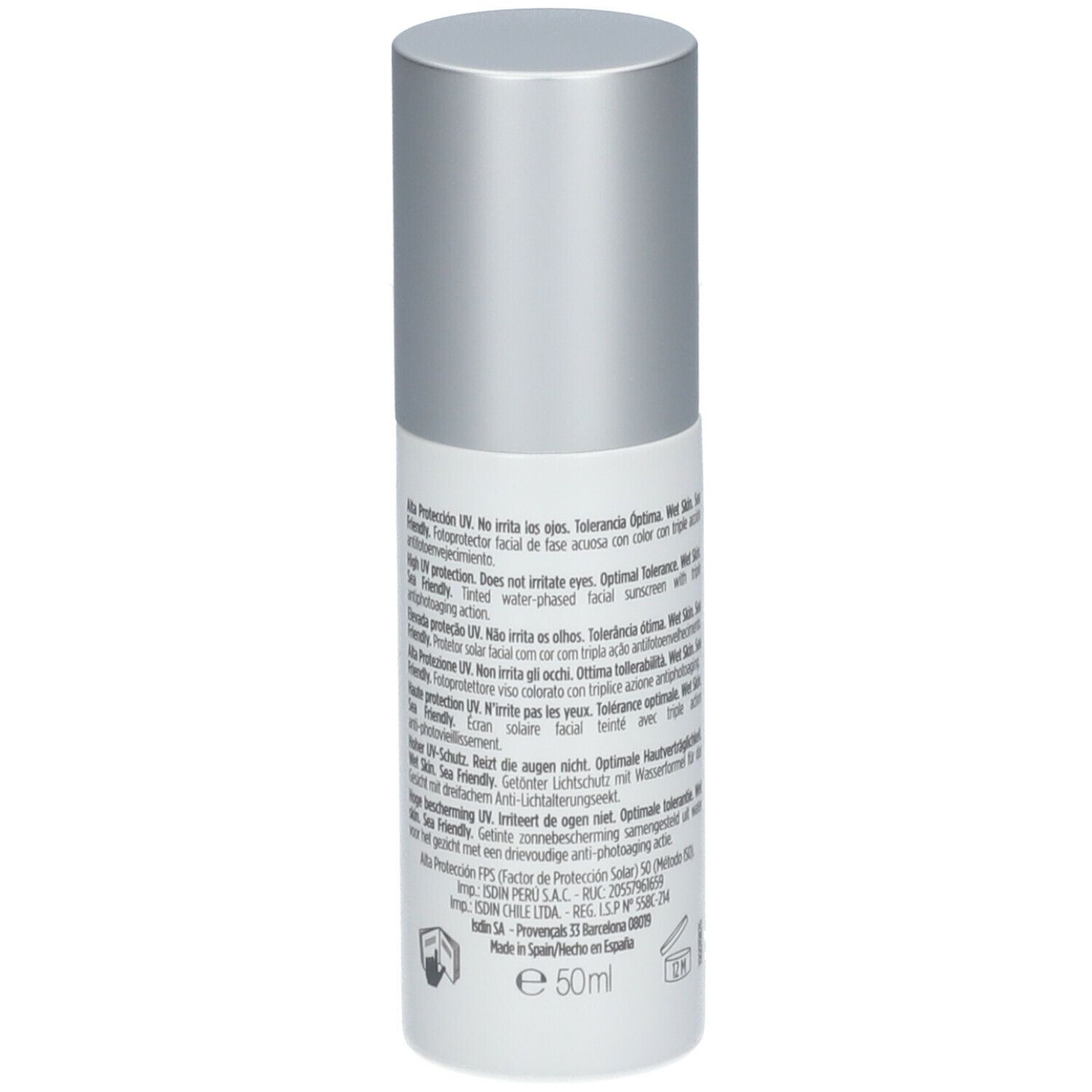 Flacon ISDIN FotoUltra Age Repair Color SPF50. Dos avec texte. Bouchon argenté. Étiquette blanche. 50ml.