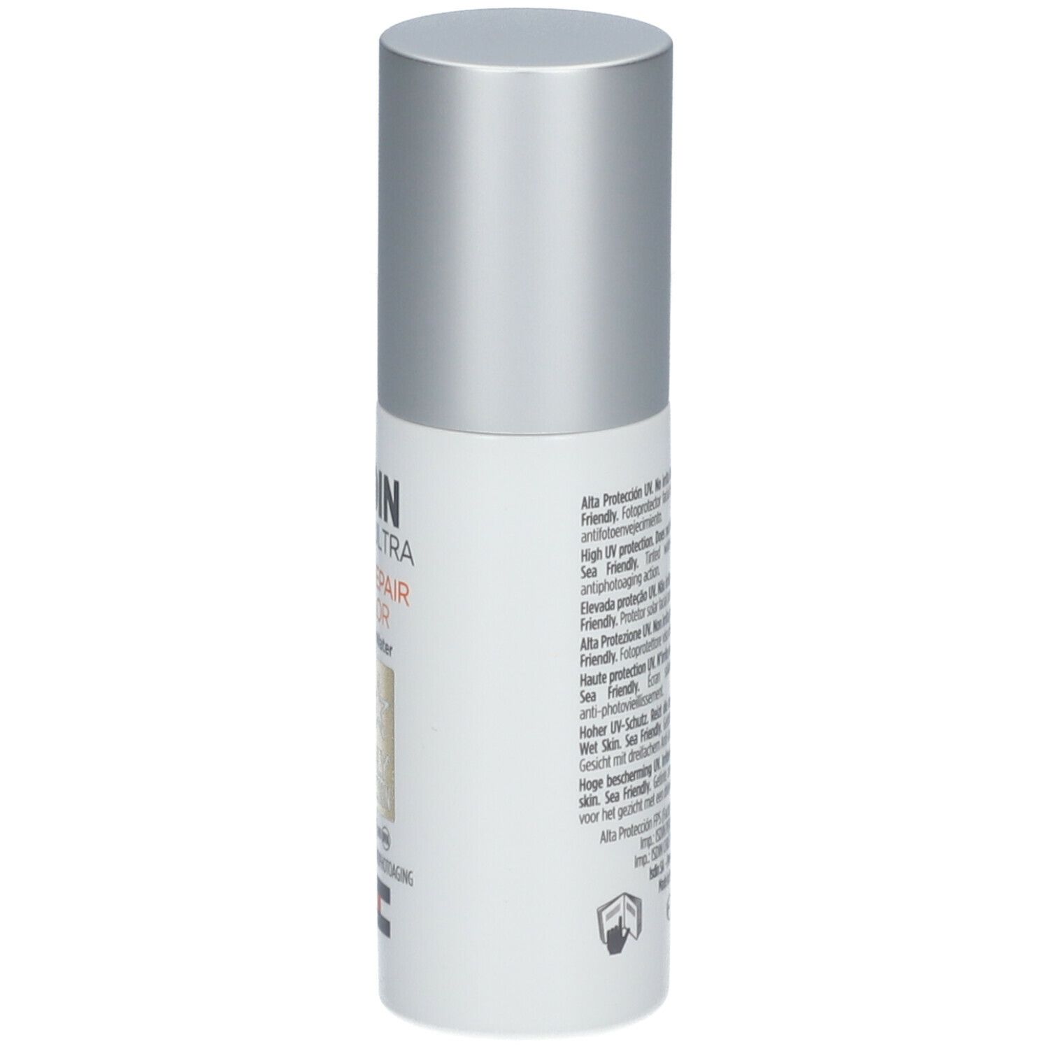 Flacon ISDIN FotoUltra Age Repair Color SPF50. Dos avec texte. Bouchon argenté. Étiquette blanche.