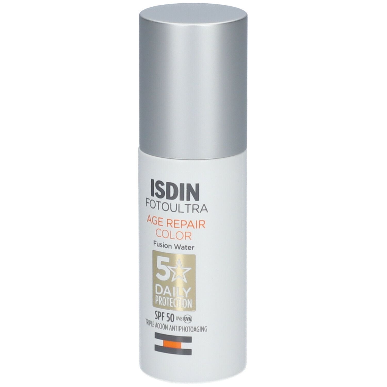 Flacon ISDIN FotoUltra Age Repair Color SPF50. Blanc, bouchon argenté. Texte: 5x Daily Protection, SPF 50.