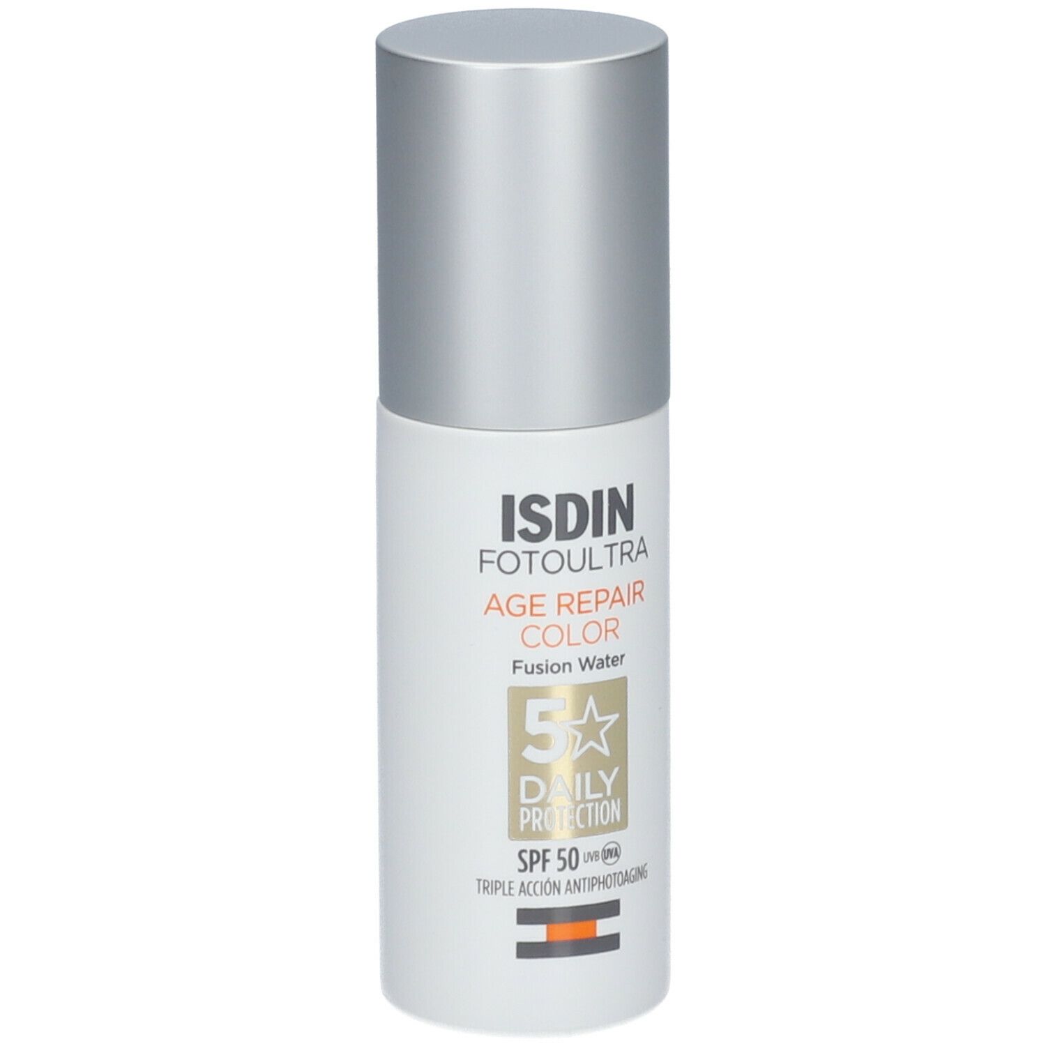 Flacon ISDIN FotoUltra Age Repair Color SPF50. Blanc, bouchon argenté. Texte: 5x Daily Protection, SPF 50.