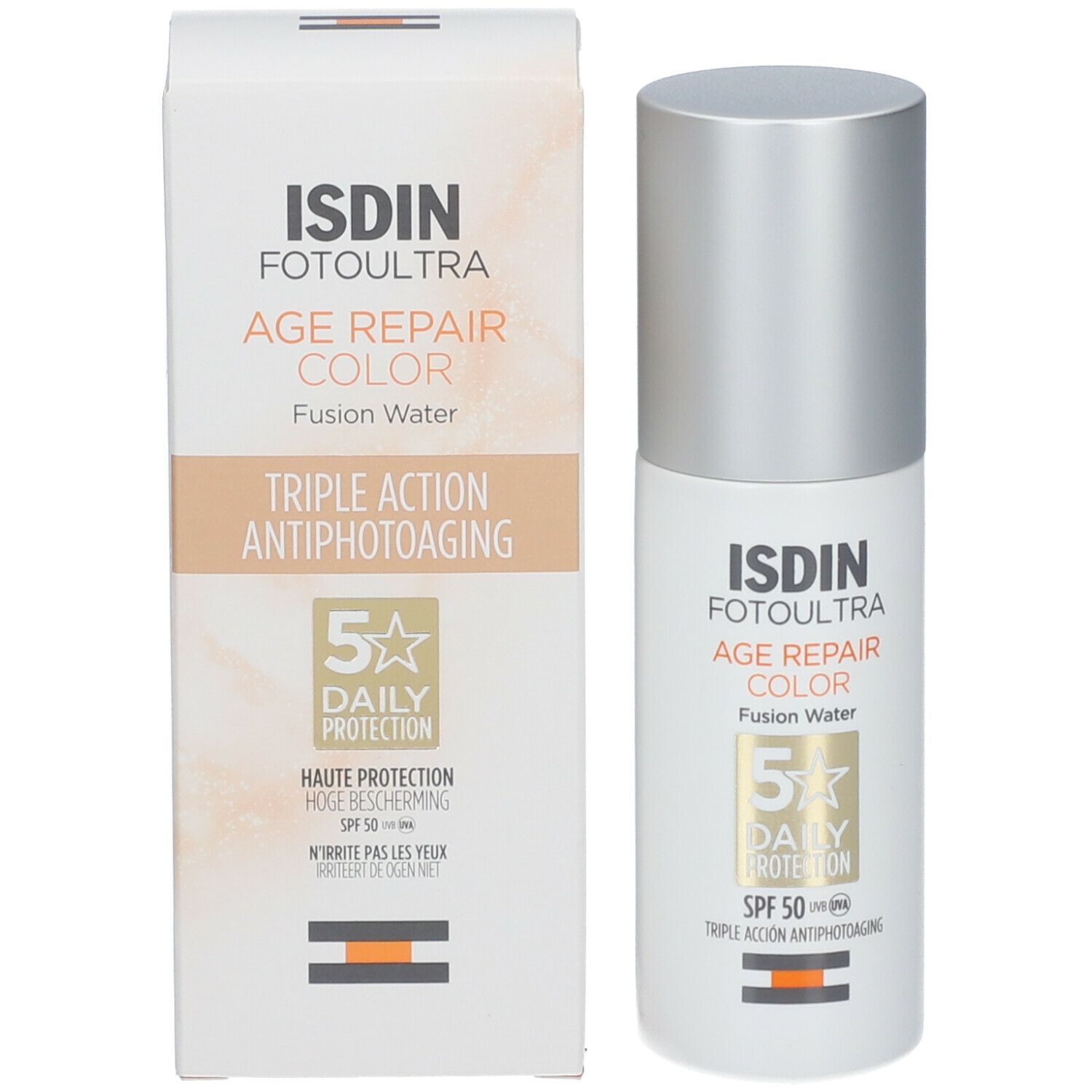 Flacon et emballage ISDIN FotoUltra Age Repair Color SPF50. Blanc, bouchon argenté. Texte: 5x Daily Protection, SPF 50.