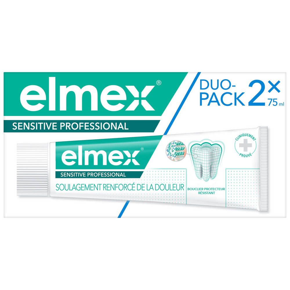 Tube elmex® sensitive professionelle tandpasta. Wit met groen logo en productnaam. Duo-Pack verpakking.
