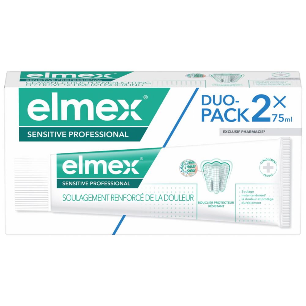 Duo-verpakking elmex® sensitive professionelle tandpasta. Verpakking met productnaam en logo.