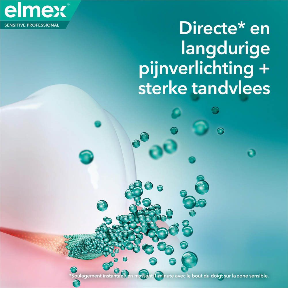 Grafische weergave van een tand. Tekst: Helpt tandvlees te versterken en terugtrekkend tandvlees te voorkomen. Elmex logo.