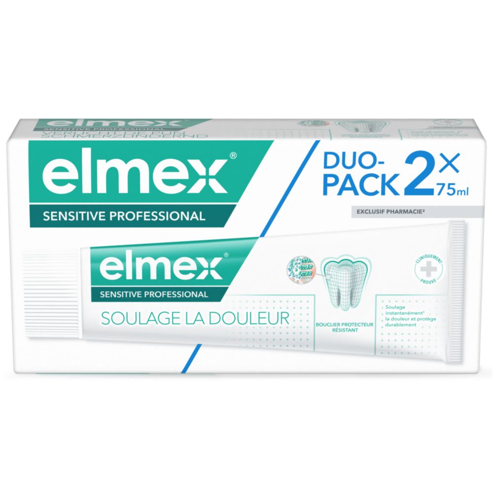 Tube elmex® sensitive professionelle tandpasta. Wit met groen logo en productnaam. Duo-Pack verpakking.
