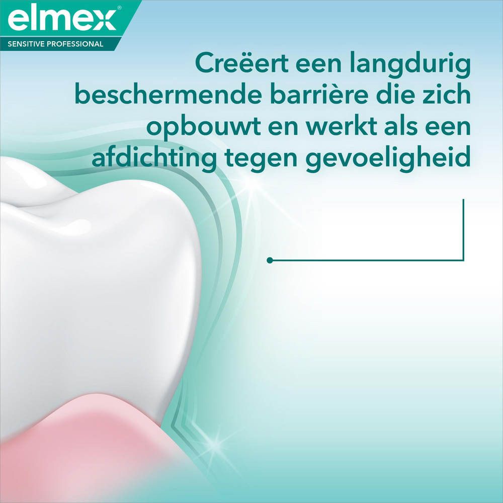 Grafische weergave van een tand. Tekst: Sluit de kleine kanalen die naar de tandzenuw leiden en blokkeert pijn. Elmex logo.