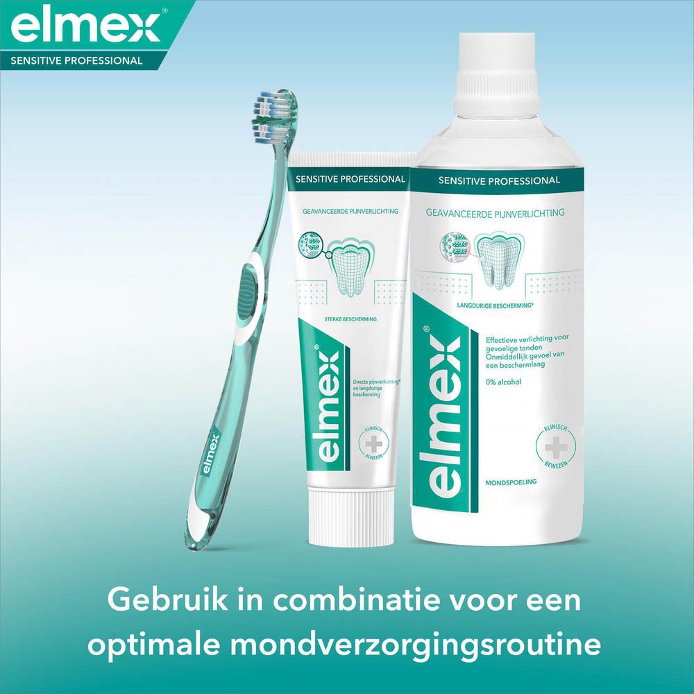 Cirkelvormig logo met kruis en tekst: Klinisch bewezen. Elmex logo.
