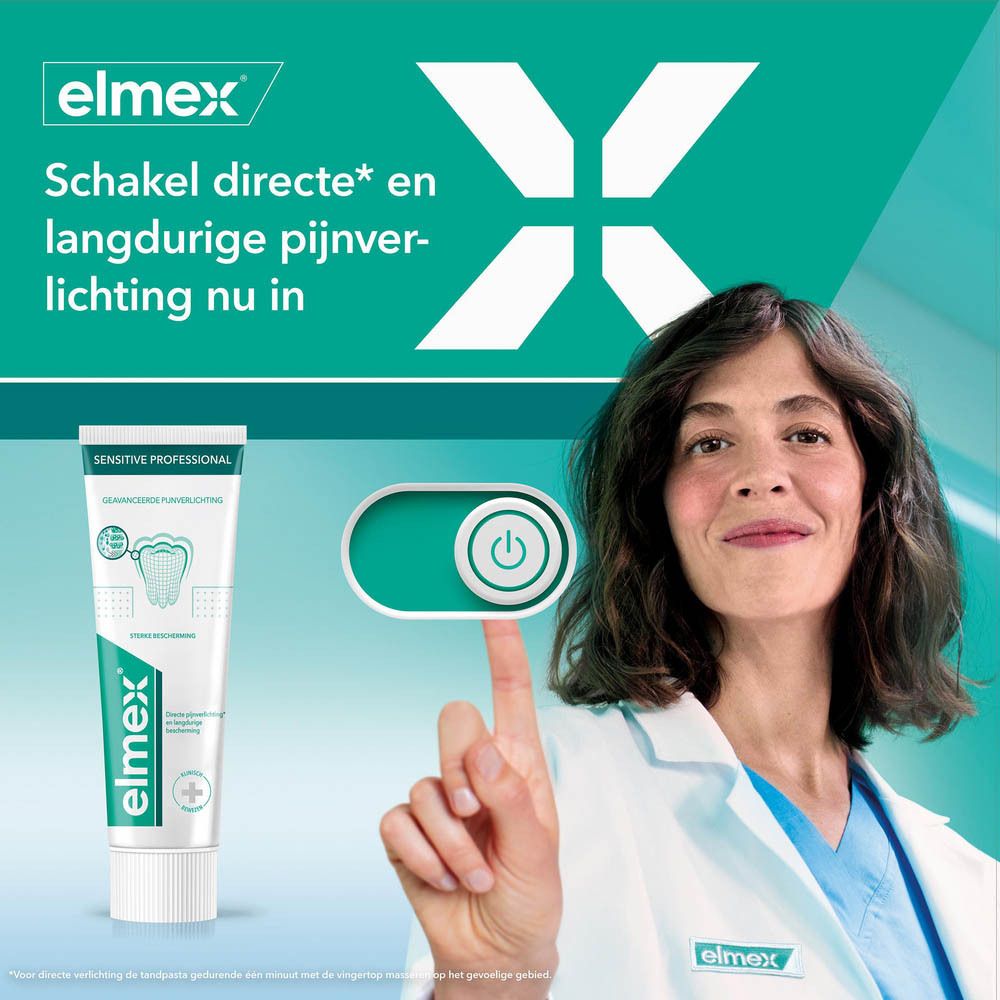 Vrouw met een tube tandpasta. Tekst: Schakel nu directe en langdurige pijnverlichting in. Elmex logo.