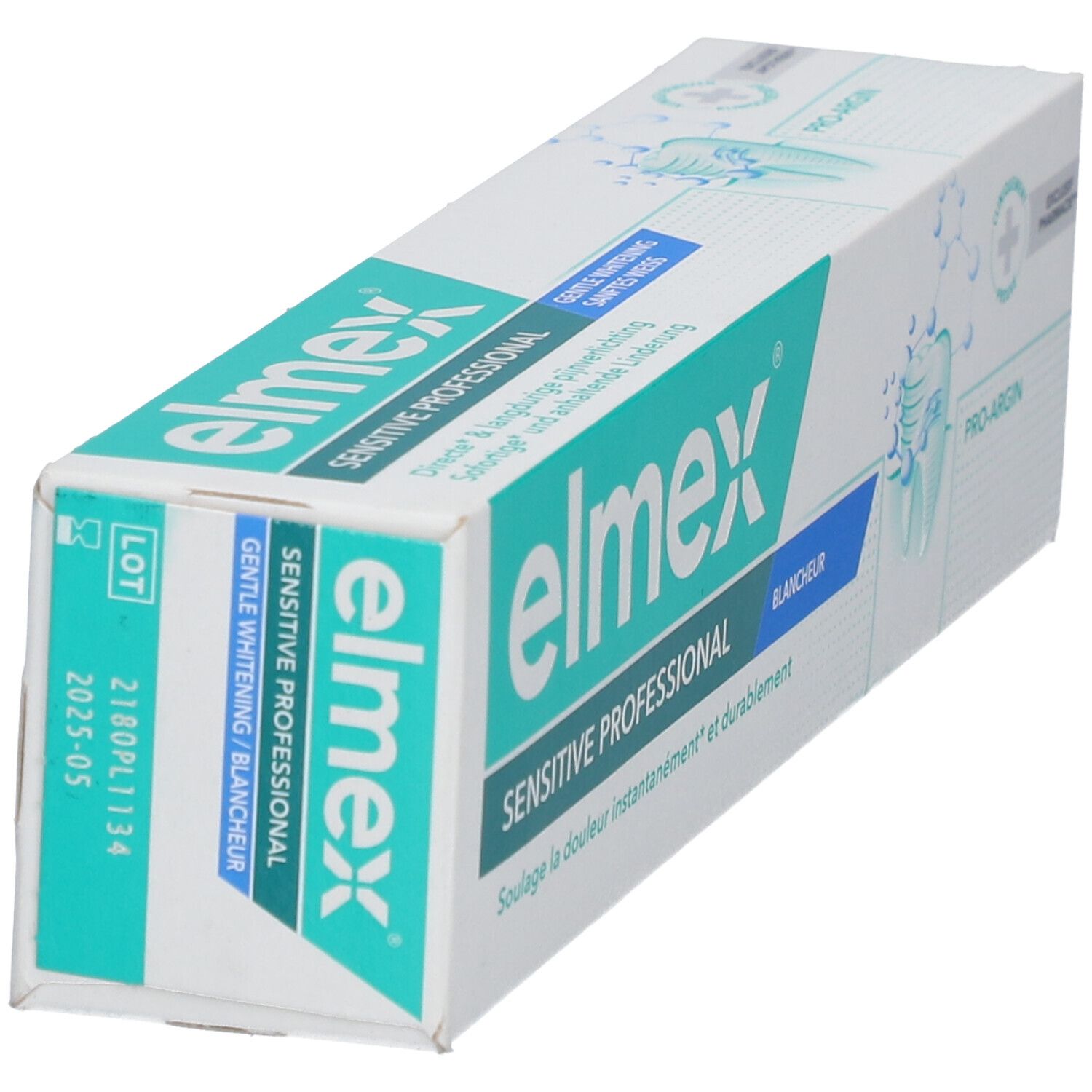 Zahnpasta-Schachtel "elmex Sensitive Professional". Türkis-weißes Design. Aufdruck mit Losnummer und Verfallsdatum.