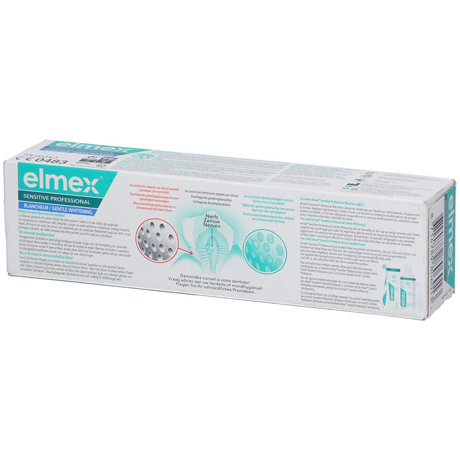 Rückseite der Zahnpasta-Schachtel "elmex Sensitive Professional". Informationen und Illustrationen zum Produkt.