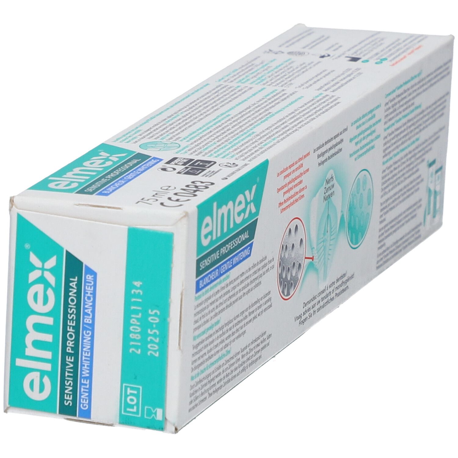 Zahnpasta-Schachtel "elmex Sensitive Professional". Türkis-weißes Design. Aufdruck mit Losnummer und Verfallsdatum.