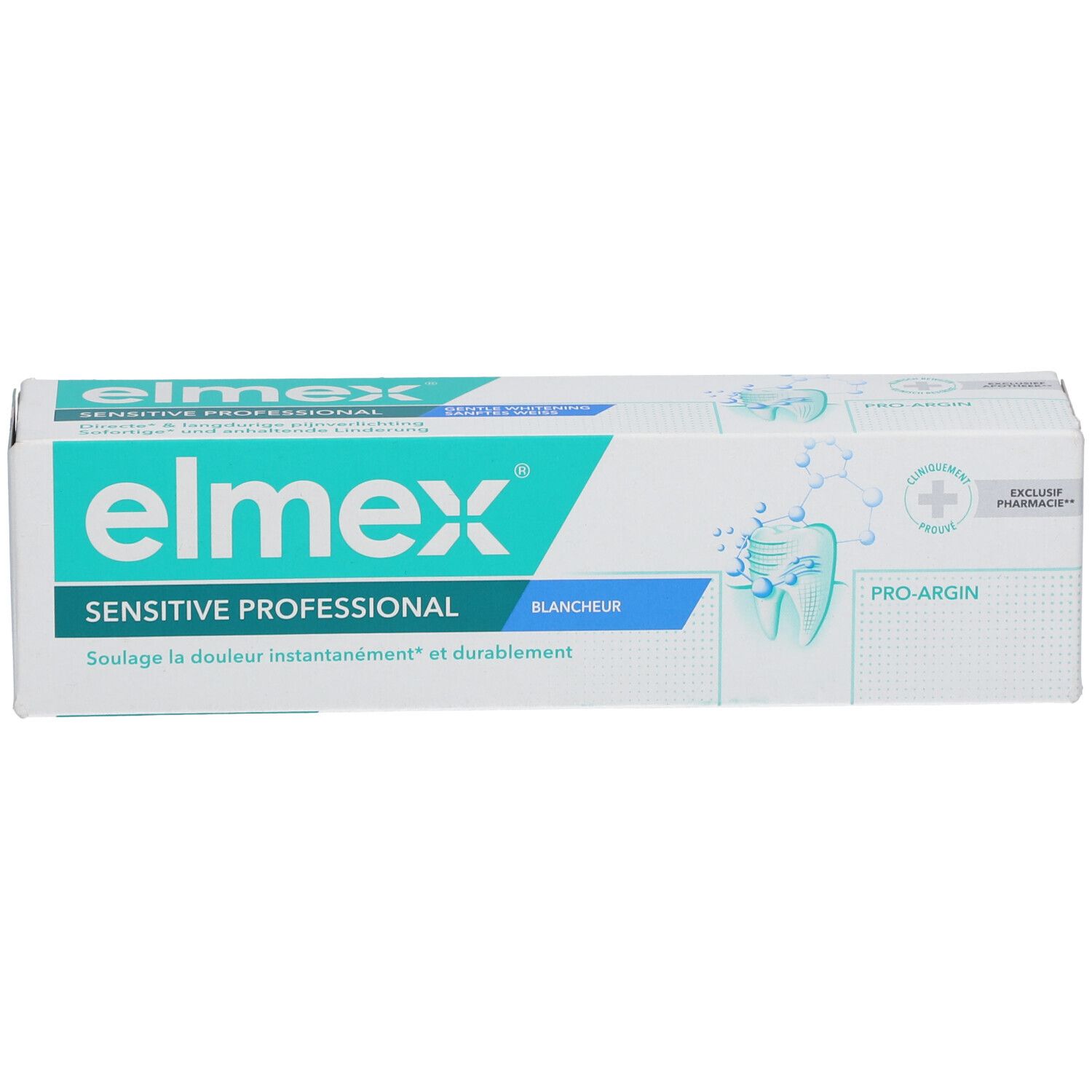 Zahnpasta-Tube und Schachtel "elmex Sensitive Professional". Türkis-weißes Design. "Blancheur" und "Pro-Argin" sind hervorgehoben.