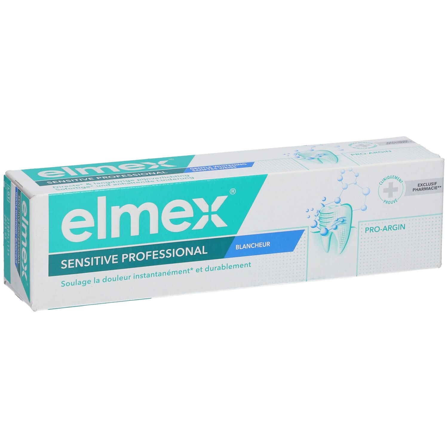 Zahnpasta-Tube und Schachtel "elmex Sensitive Professional". Türkis-weißes Design. "Blancheur" und "Pro-Argin" sind hervorgehoben.