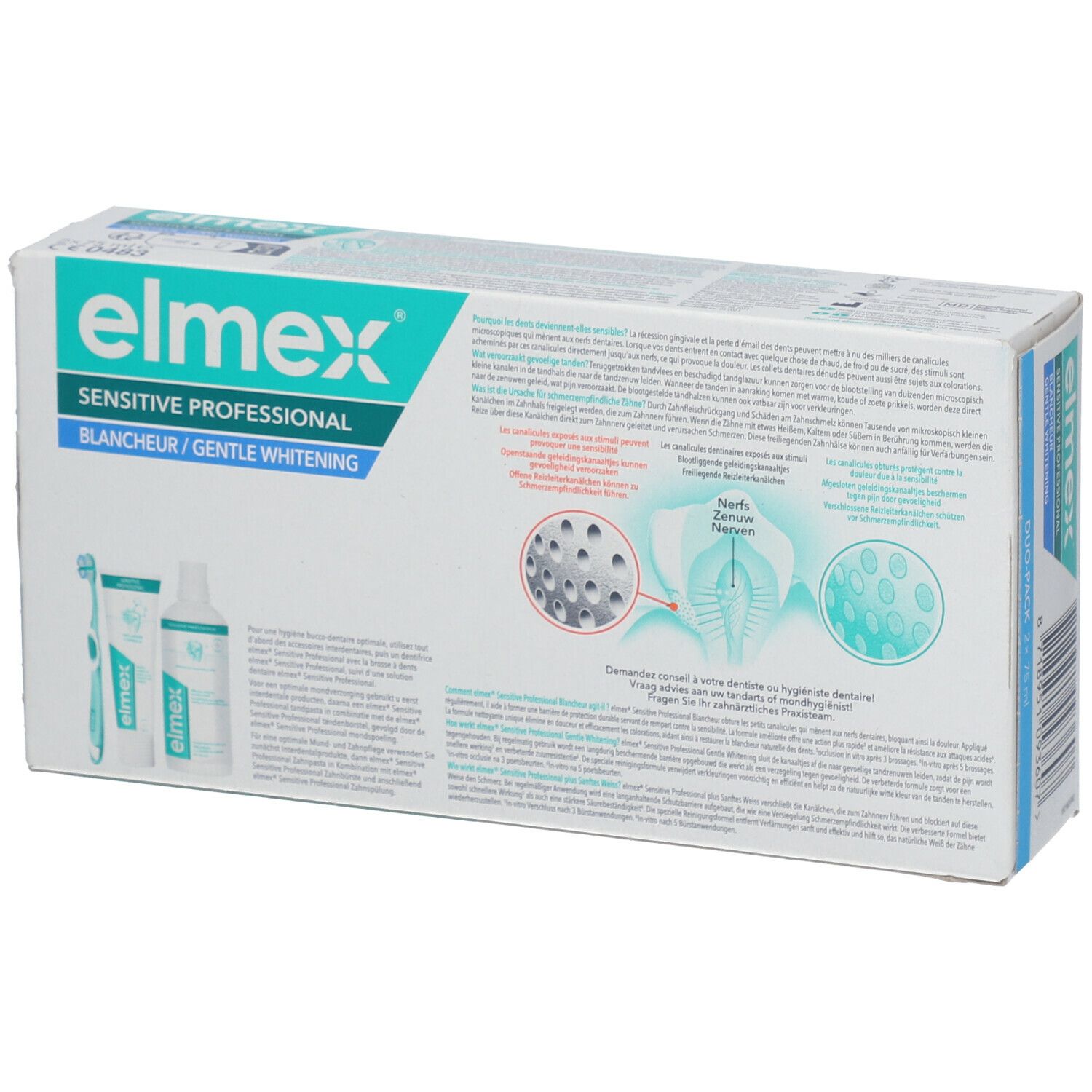 Achterkant van de duo-pack. Elmex Sensitive Professional, wit. Bevat informatie en illustraties.