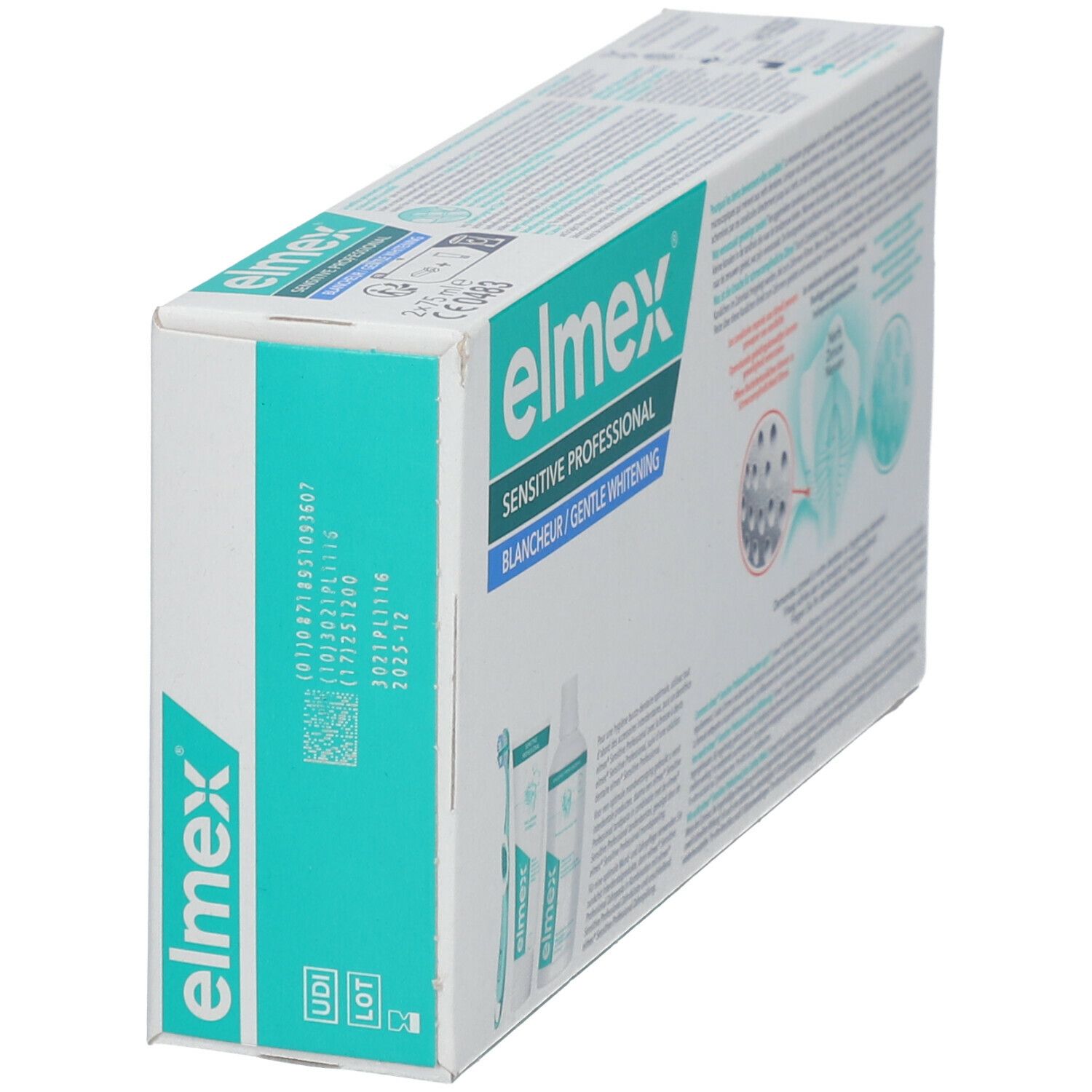 Achterkant van de duo-pack. Elmex Sensitive Professional, wit. Bevat informatie en illustraties.
