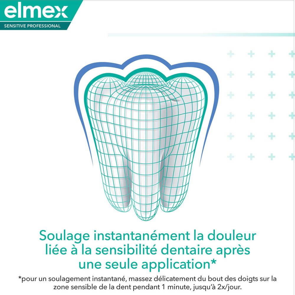 Modèle de dent en grille bleue. Texte : Soulage la douleur instantanément après une seule application.