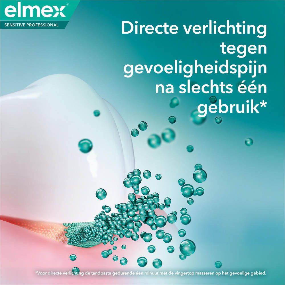Tandmodel met blauw raster. Tekst: Directe verlichting tegen gevoeligheidspijn.