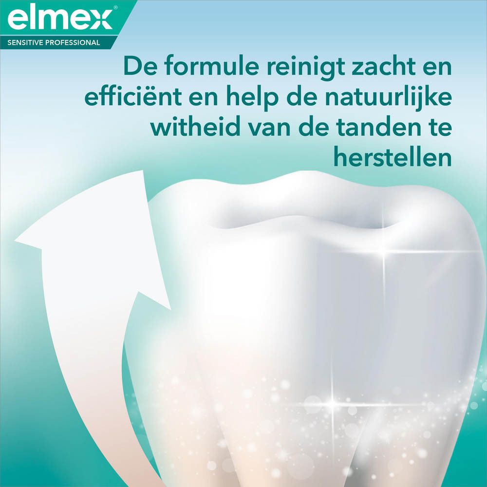 Tandmodel met blauw raster. Tekst: De formule reinigt zacht en efficiënt.