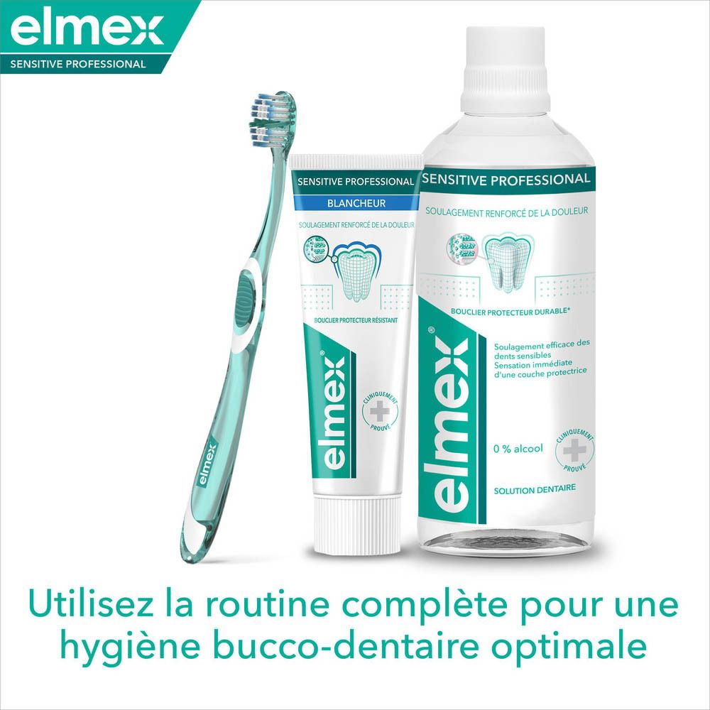 Brosse à dents, dentifrice et bain de bouche. Elmex Sensitive Professional. Pour une hygiène bucco-dentaire optimale.