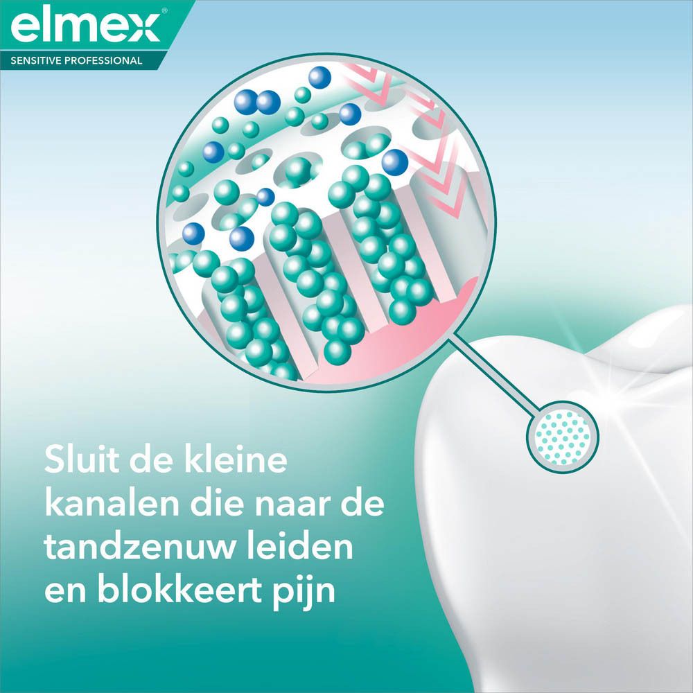 Tandmodel met blauw raster. Tekst: Sluit de kleine kanalen die naar de tandzenuw leiden.