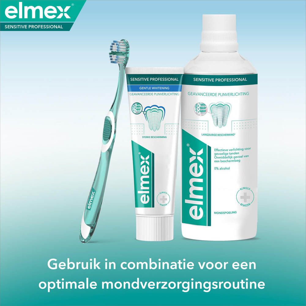 Tandenborstel, tandpasta en mondspoeling. Elmex Sensitive Professional. Gebruik in combinatie.