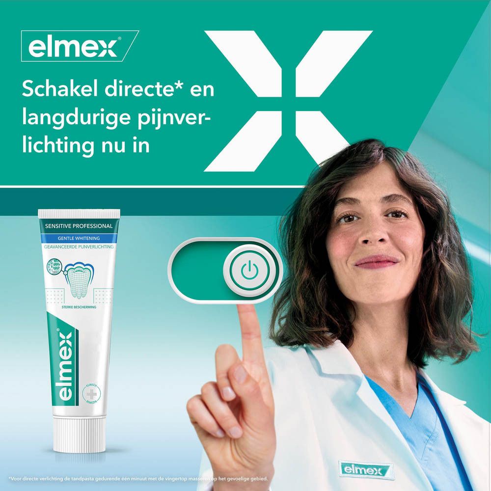 Vrouw met tandpasta. Tekst: Schakel directe en langdurige pijnverlichting nu in.