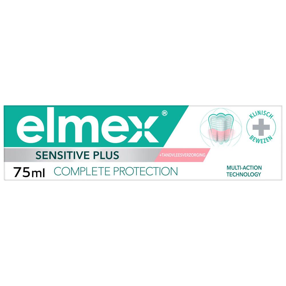 Elmex Sensitive Plus tandpasta tube. 75ml, wit-roze tube met productnaam en logo.