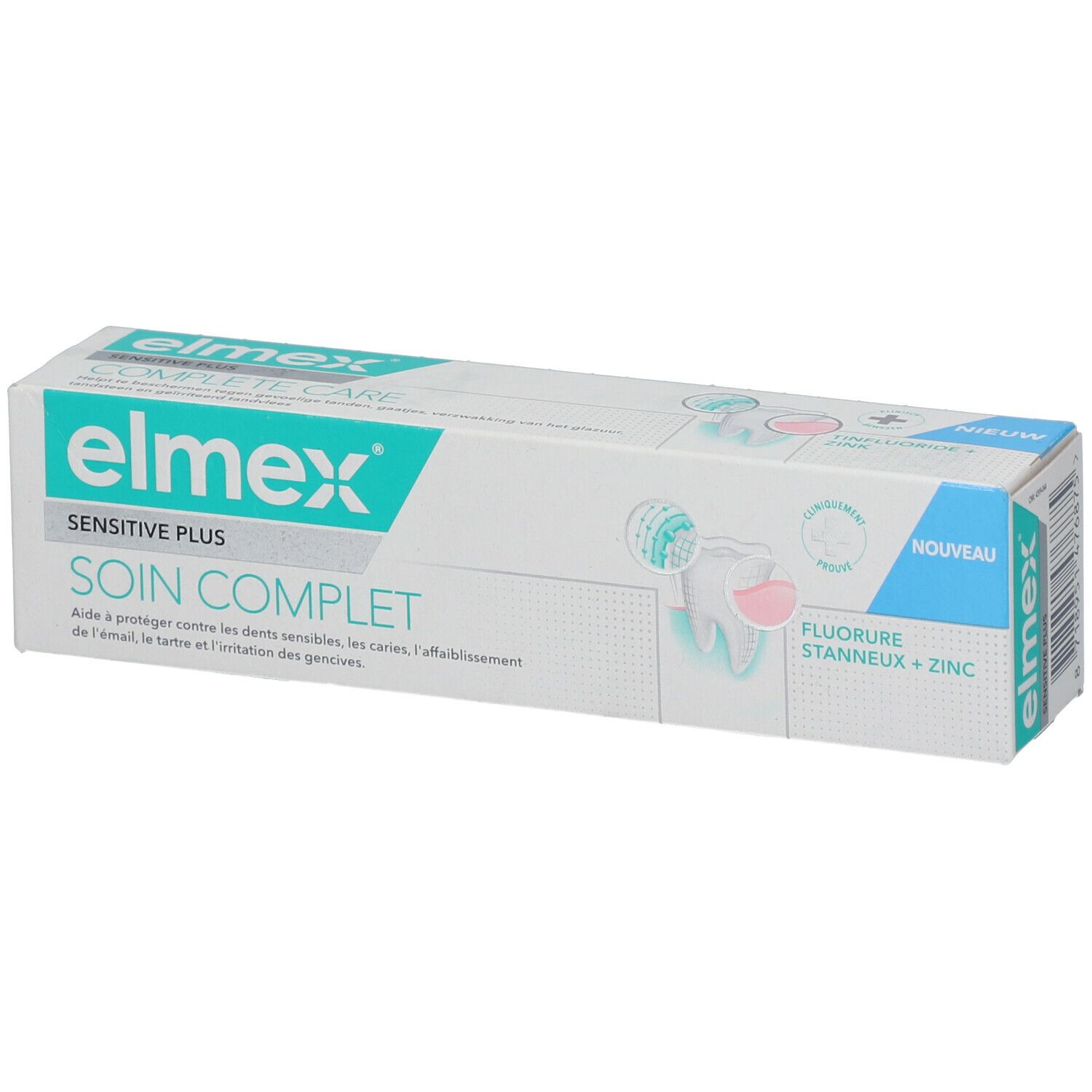 Verpakking Elmex Sensitive Plus tandpasta. Witte en blauwe doos met productnaam en illustraties.