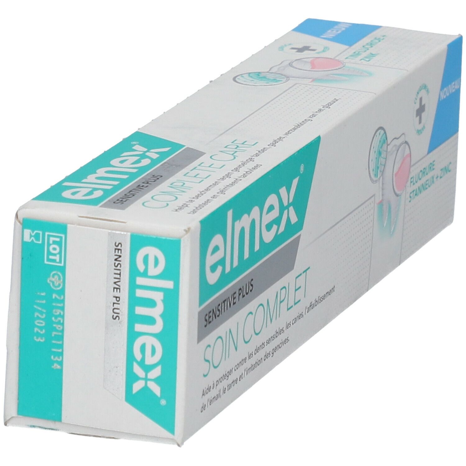 Elmex Sensitive Plus tandpasta verpakking. Bovenaanzicht, toont productnaam en details.