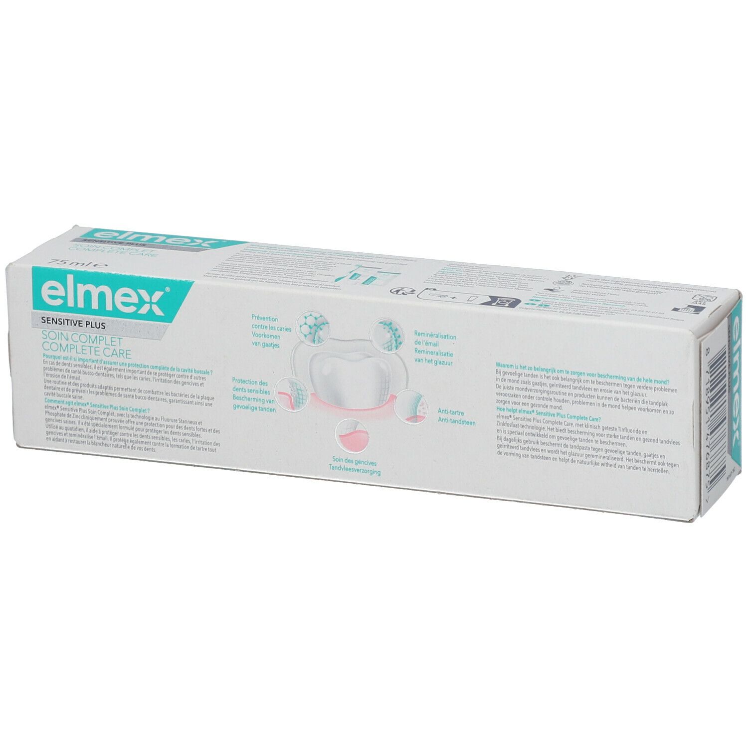 Achterkant van de Elmex Sensitive Plus tandpasta verpakking. Tekst en illustraties op witte achtergrond.