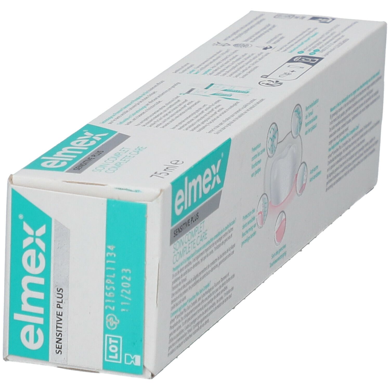 Elmex Sensitive Plus tandpasta verpakking. Bovenaanzicht, toont productnaam en details.