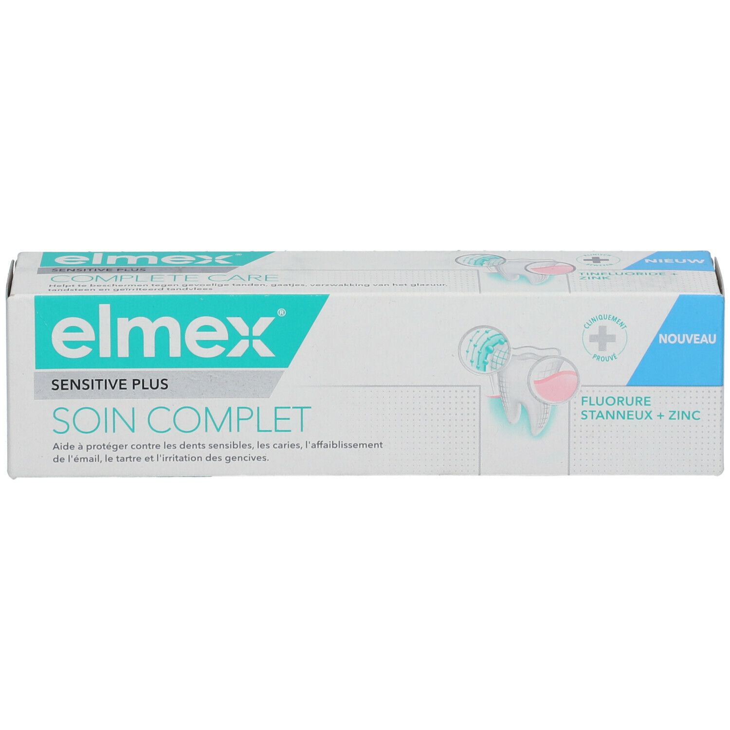 Verpakking Elmex Sensitive Plus tandpasta. Witte en blauwe doos met productnaam en illustraties.