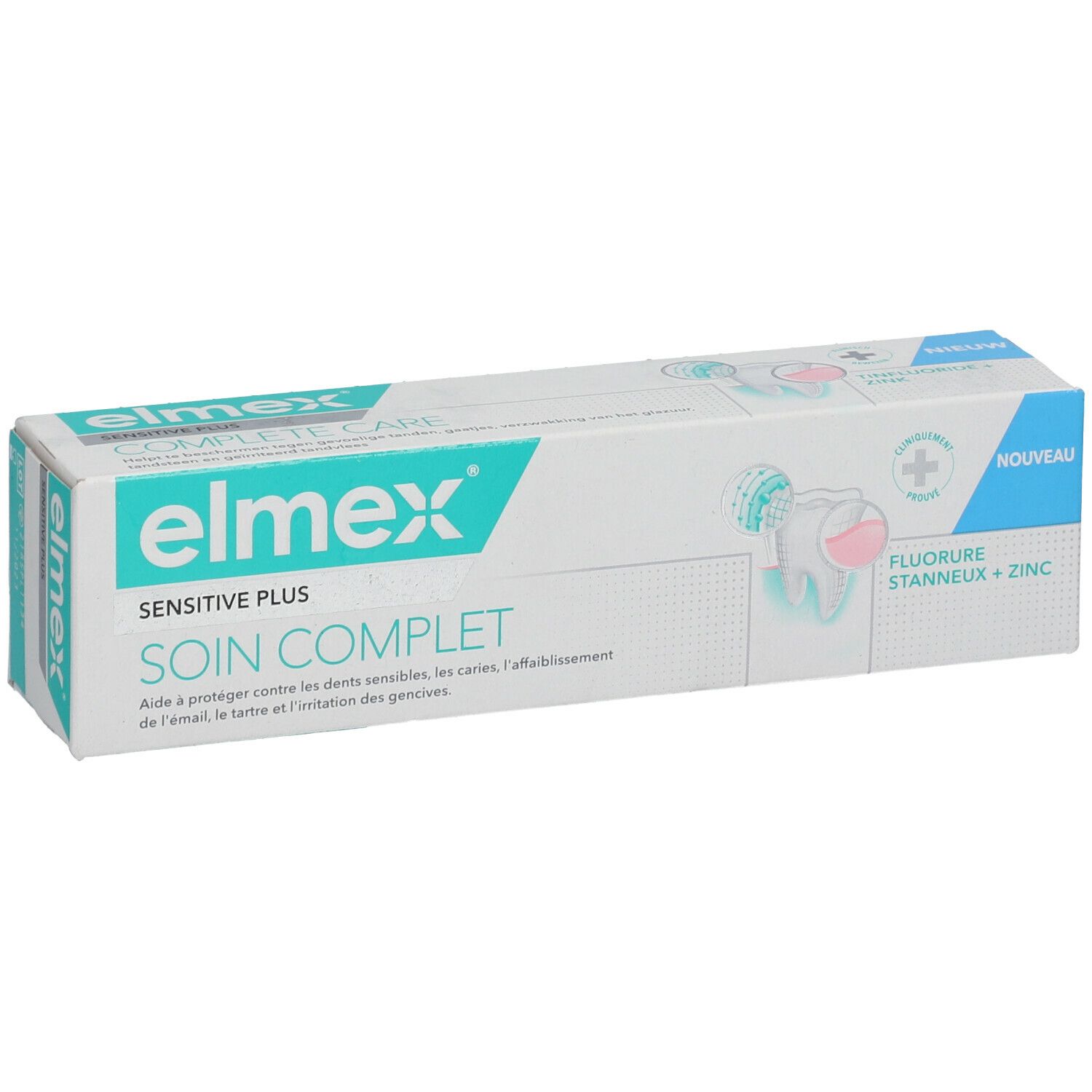 Verpakking Elmex Sensitive Plus tandpasta. Witte en blauwe doos met productnaam en illustraties.