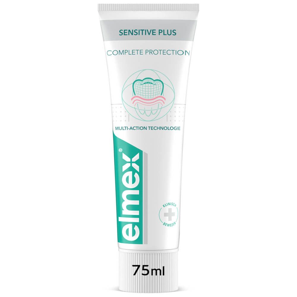 Elmex Sensitive Plus tandpasta tube. 75ml, wit-roze tube met productnaam en logo.
