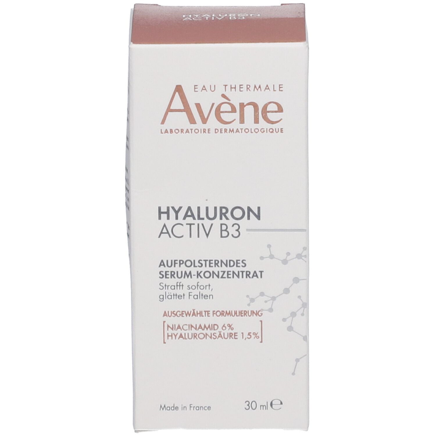 Emballage du produit. Boîte avec nom et marque. Rose et blanc.
