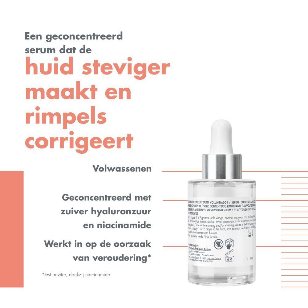 Achterkant van de fles. Opschrift: Sérum concentré volumisateur, 30ml. Tekst in het Nederlands.