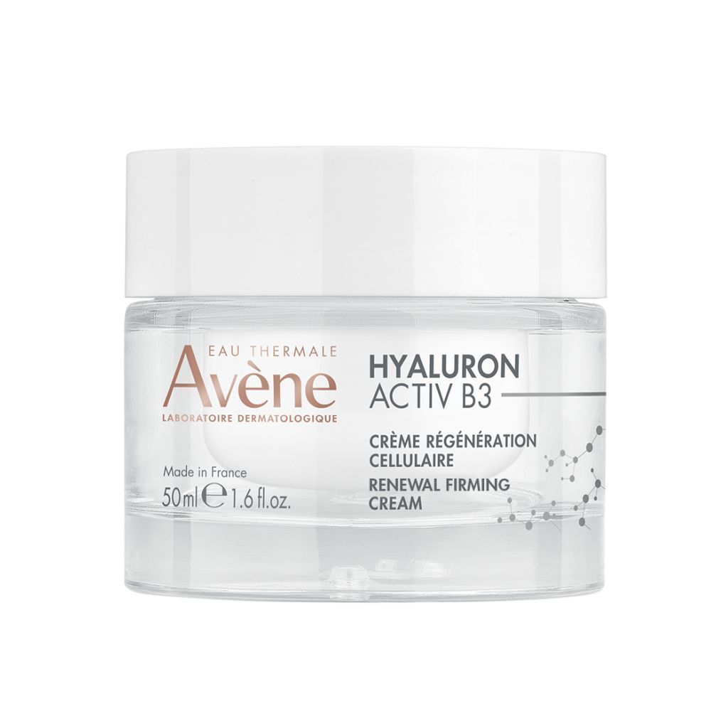 Crèmepot met witte deksel. Opschrift: Avène, Hyaluron Activ B3, Renewal Firming Cream.
