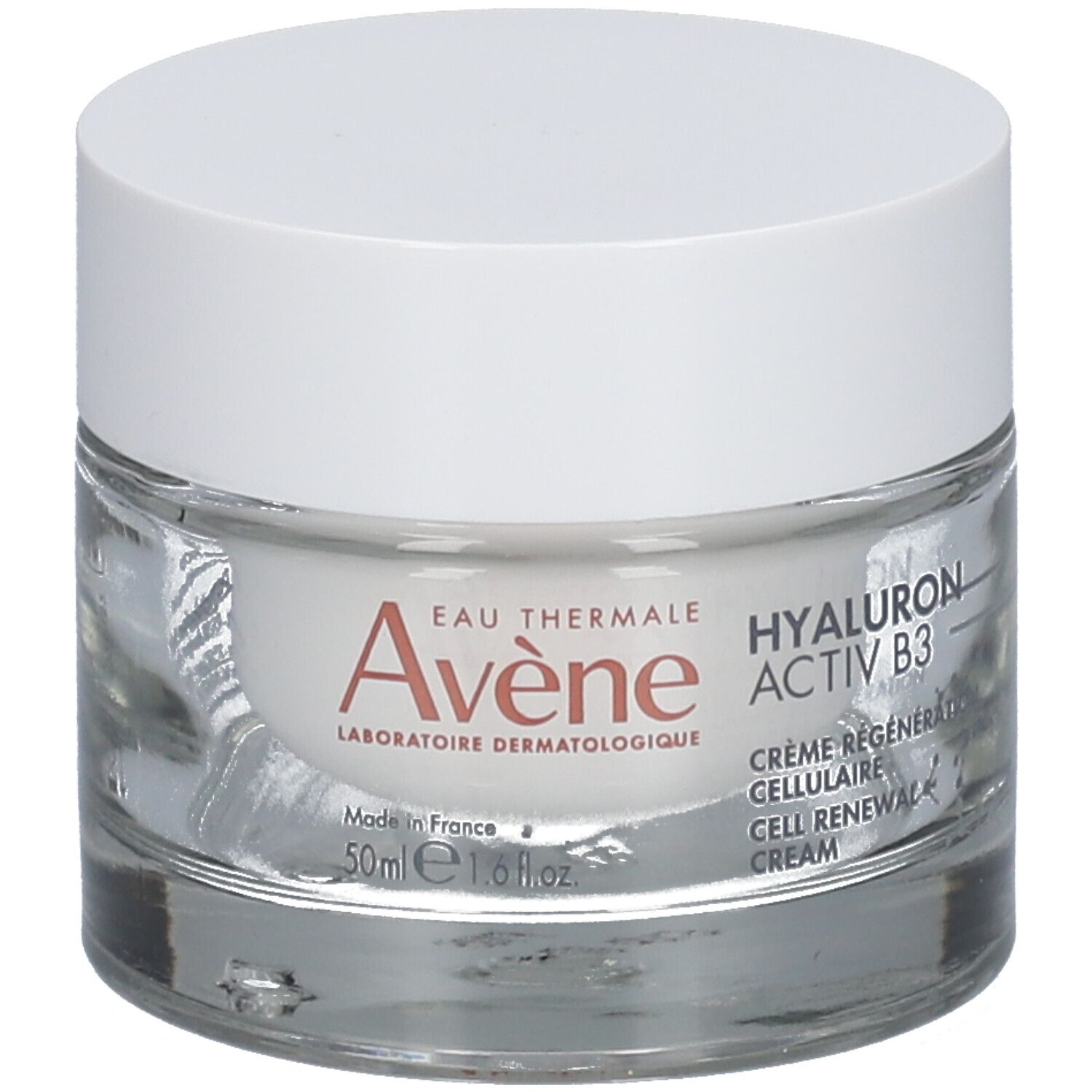 Crèmepot met witte deksel. Opschrift: Eau Thermale Avène, Hyaluron Activ B3, Cell Renewal Cream.