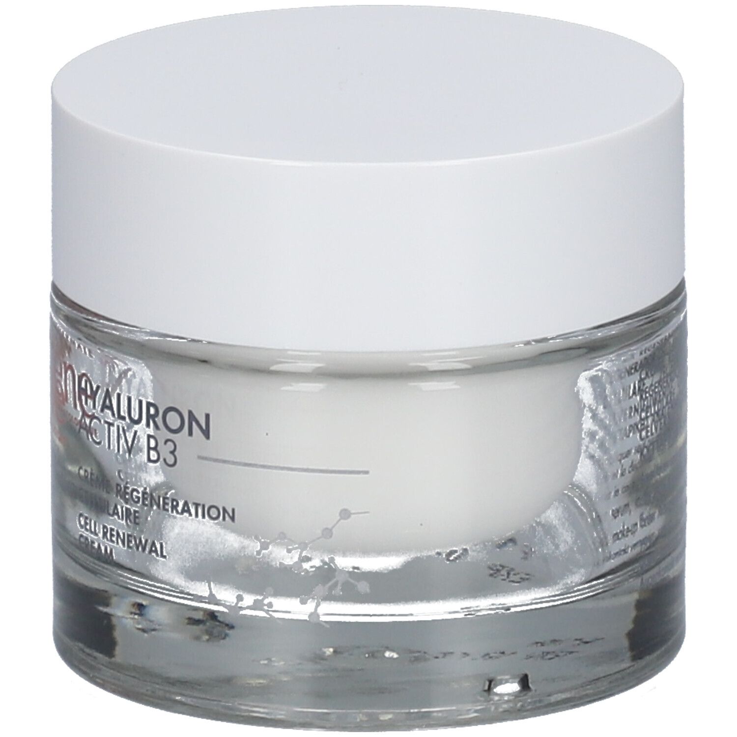Crèmepot met witte deksel. Opschrift: Avène, Hyaluron Activ B3, Crème Régénération Cellulaire.