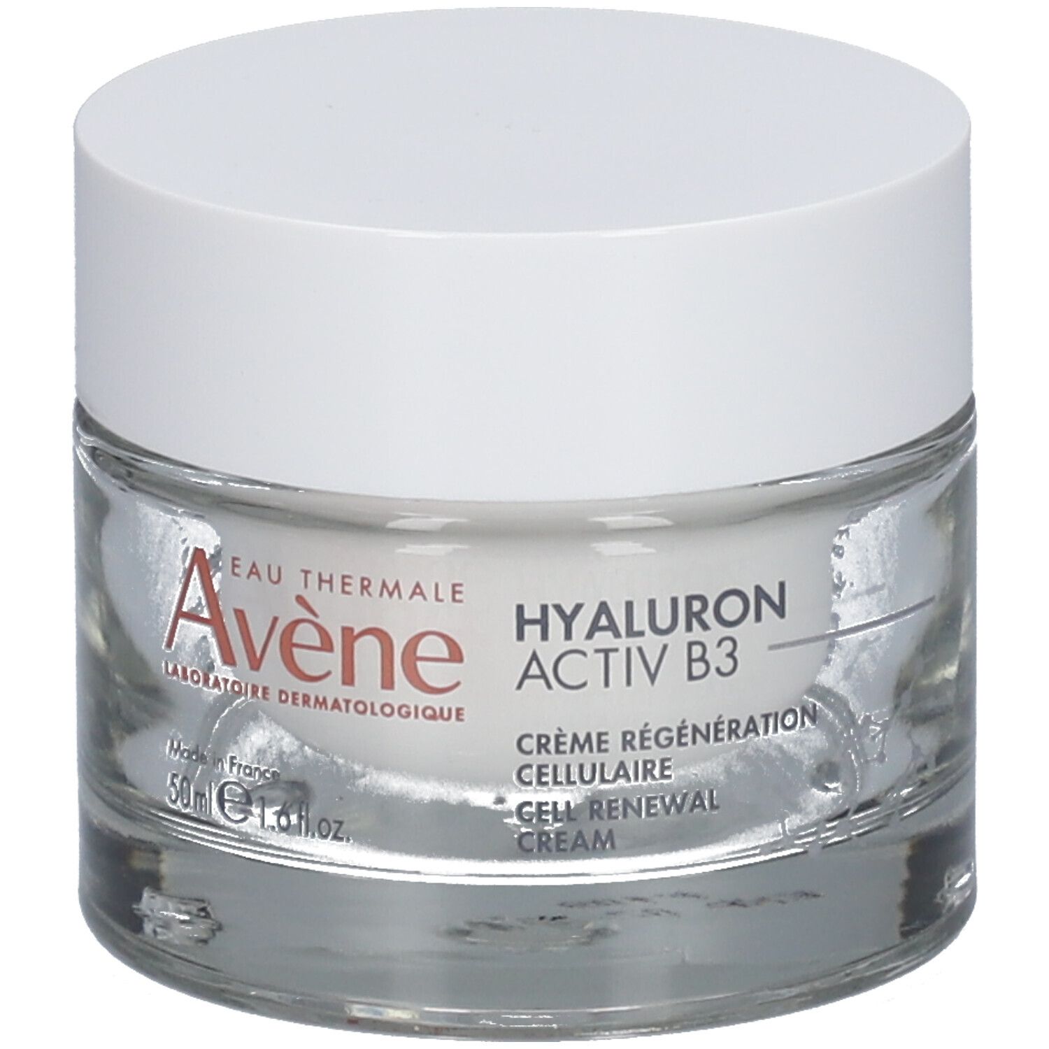 Crèmepot met witte deksel. Opschrift: Eau Thermale Avène, Hyaluron Activ B3, Crème Régénération Cellulaire.