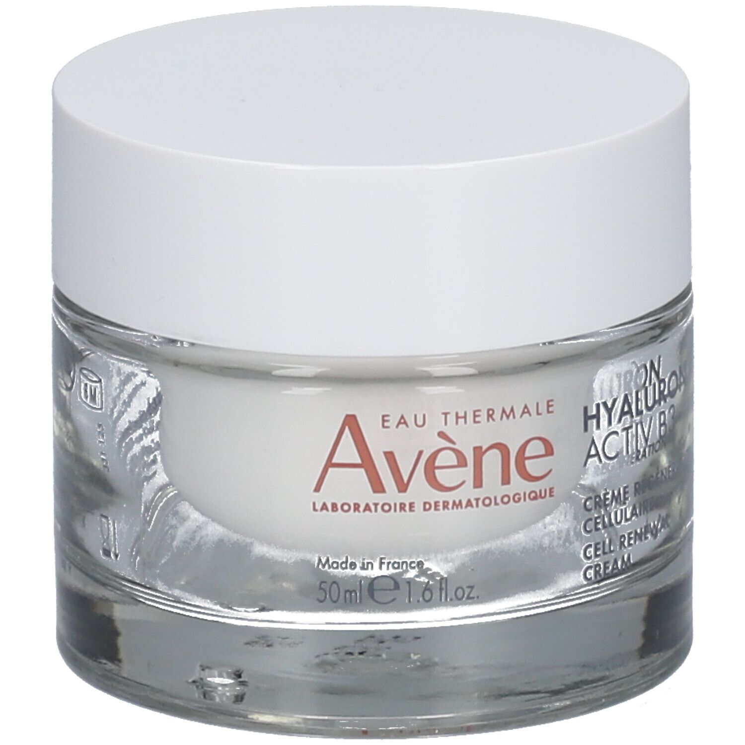 Crèmepot met witte deksel. Opschrift: Eau Thermale Avène, Hyaluron Activ B3, Crème Régénération Cellulaire.