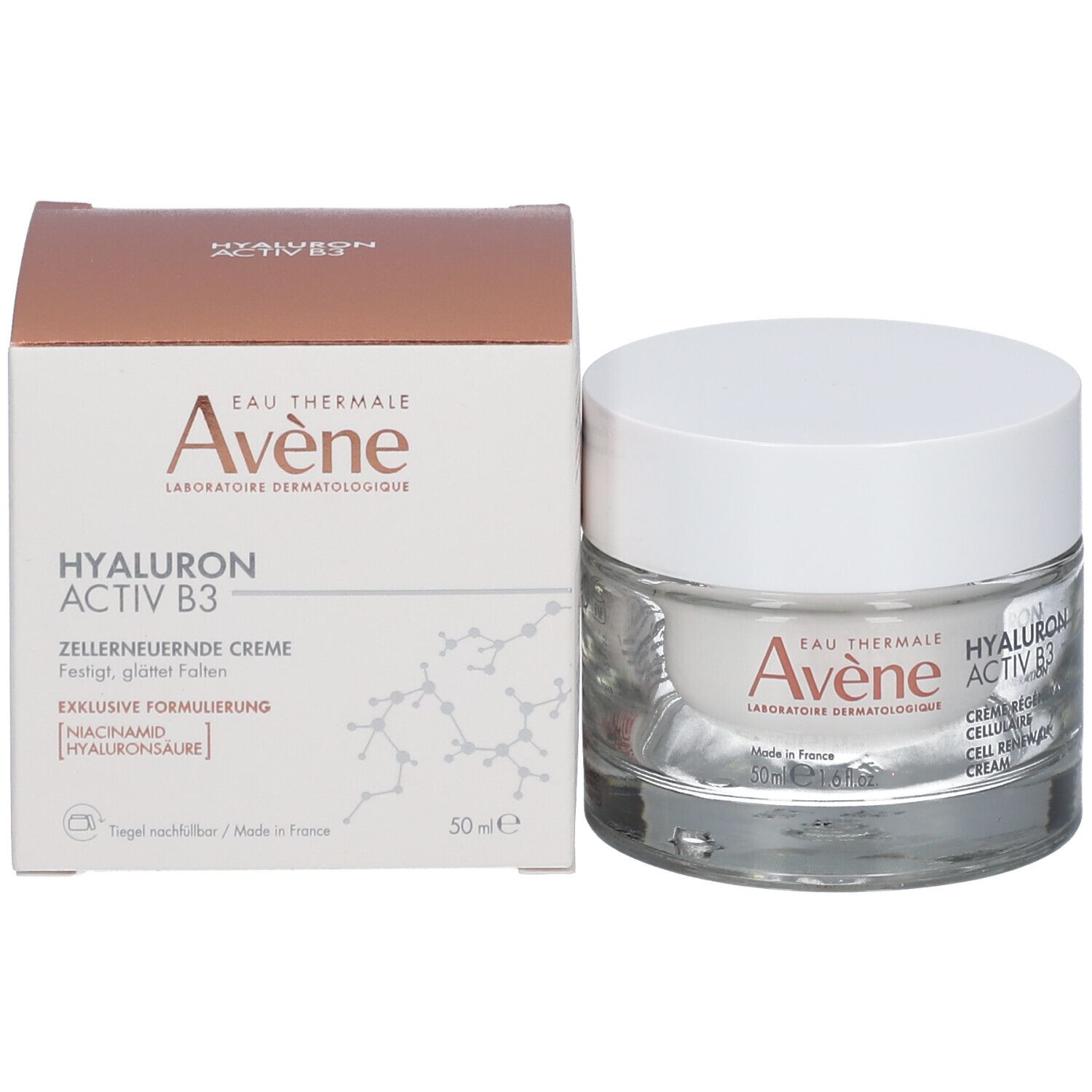 Productverpakking en crèmepot. Opschrift: Avène, Hyaluron Activ B3, Zellerneuerende Creme.