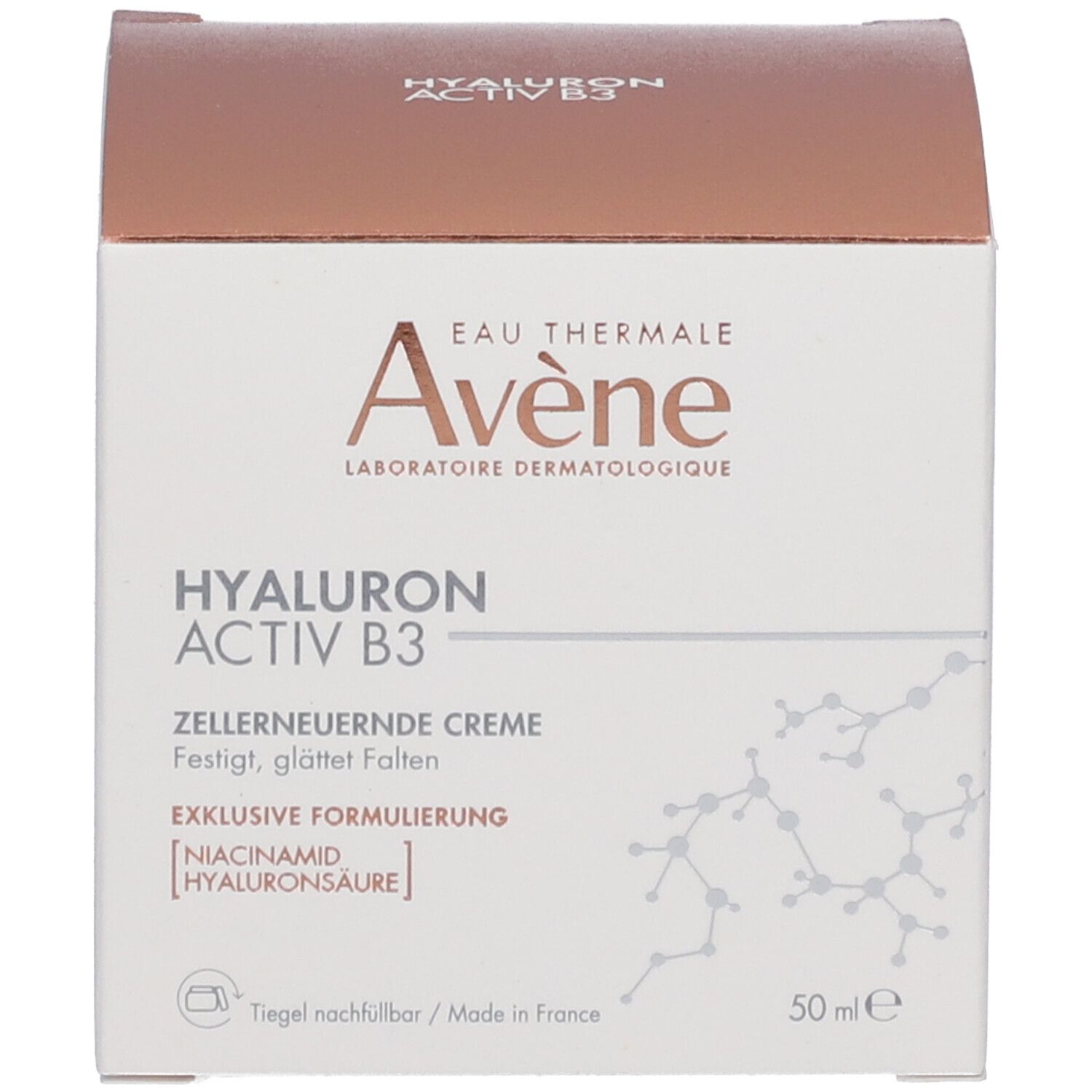 Productverpakking. Opschrift: Avène, Hyaluron Activ B3, Zellerneuerende Creme. Ingrediënten.