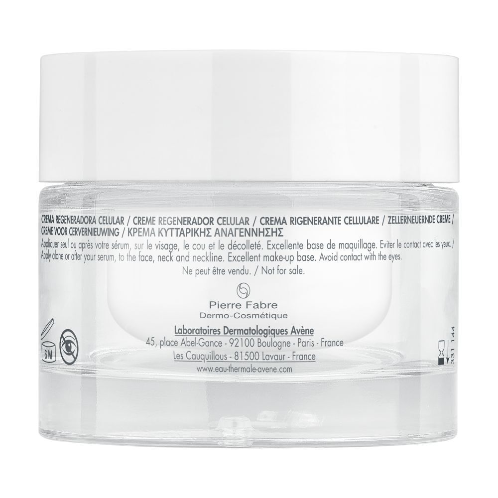 Achterkant van de crèmepot. Tekst: Creme Regeneradora Celular, etc. Pierre Fabre, Dermo-Cosmétique.
