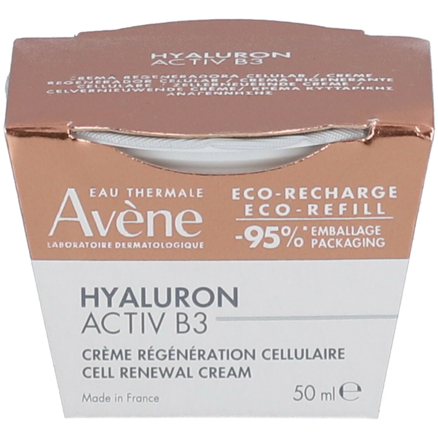 Avene Hyaluron Activ B3 crème verpakking. Wit product in kartonnen verpakking. Tekst: Hyaluron Activ B3, 50 ml.