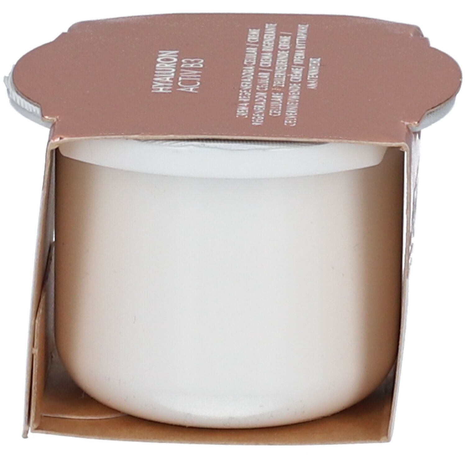 Avene Hyaluron Activ B3 crème container in kartonnen verpakking. Witte container. Bruine en goudkleurige verpakking.