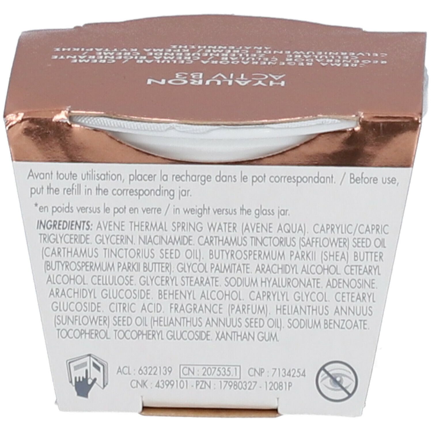 Achterkant van de Avene Hyaluron Activ B3 crème verpakking. Tekst: ingrediënten, gebruiksaanwijzing, certificeringen.