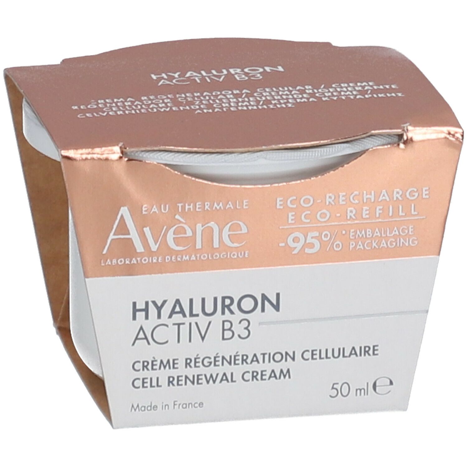 Avene Hyaluron Activ B3 crème verpakking. Wit product in kartonnen verpakking. Tekst: Hyaluron Activ B3, 50 ml.