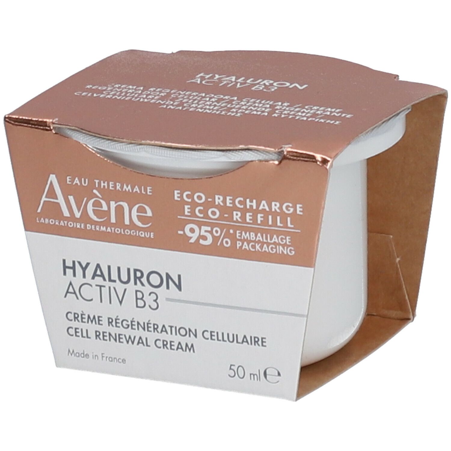 Avene Hyaluron Activ B3 crème verpakking. Wit product in kartonnen verpakking. Tekst: Hyaluron Activ B3, 50 ml.