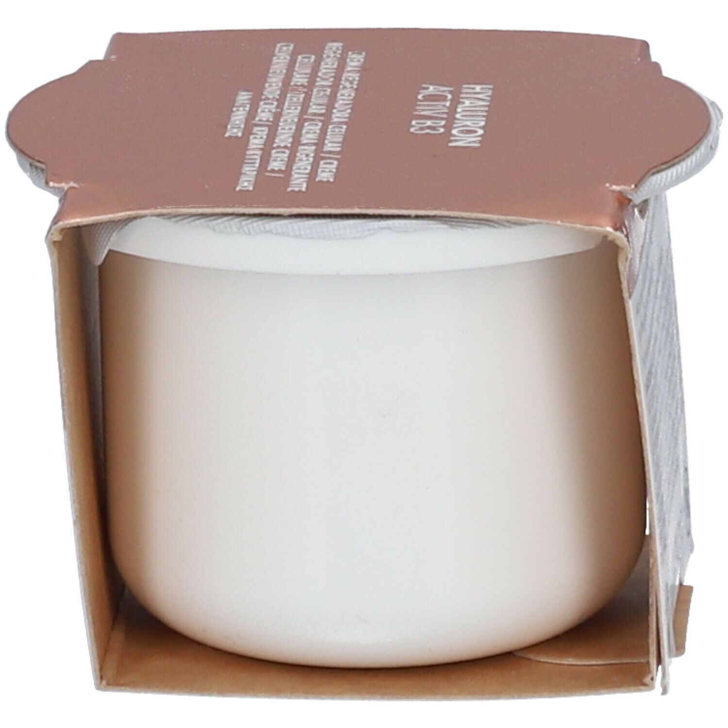 Avene Hyaluron Activ B3 crème container in kartonnen verpakking. Witte container. Bruine en goudkleurige verpakking.